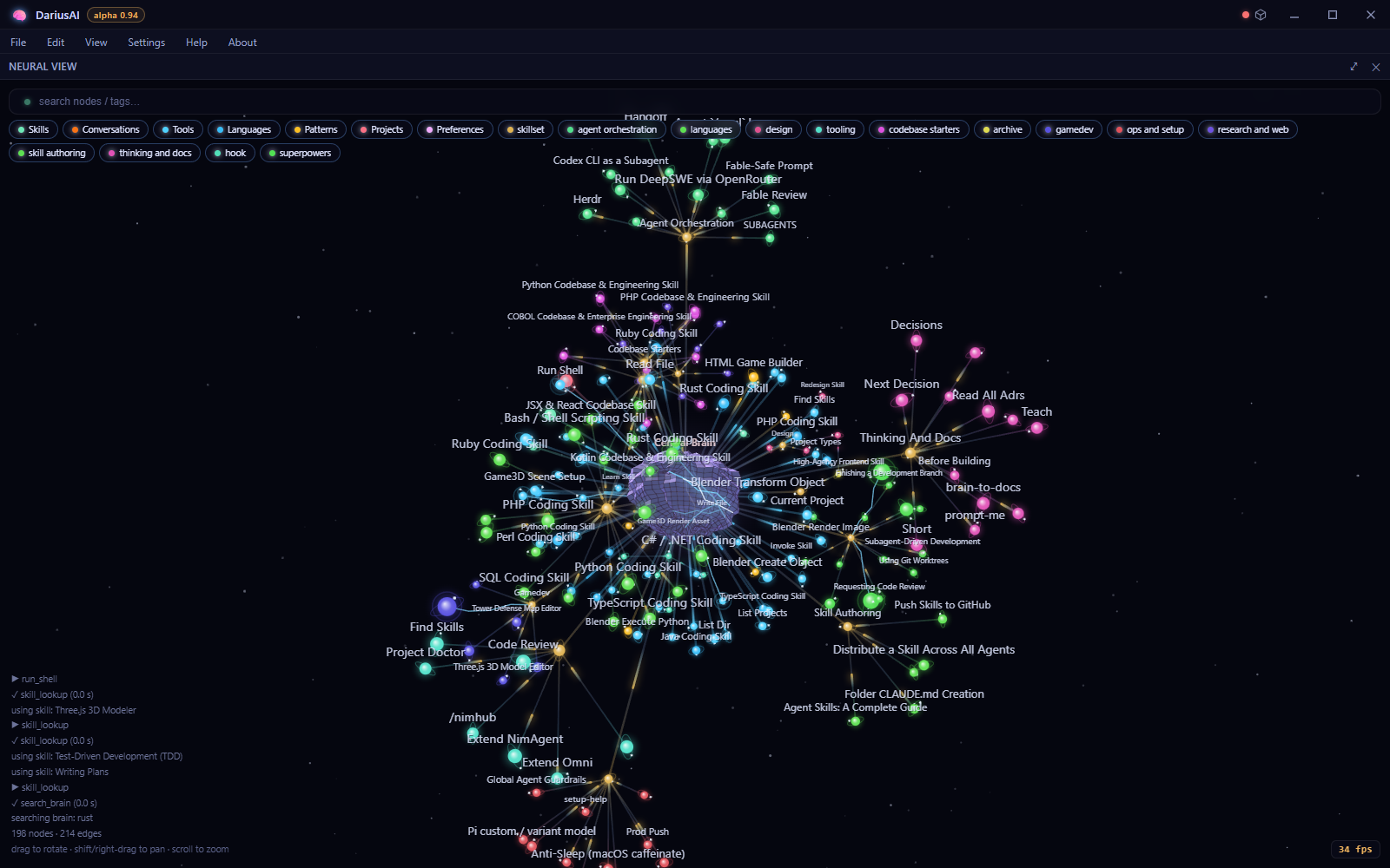 The DariusAI neural view: a 3D brain at the centre of about two hundred skill nodes, one branch lit while the agent reads a skill.